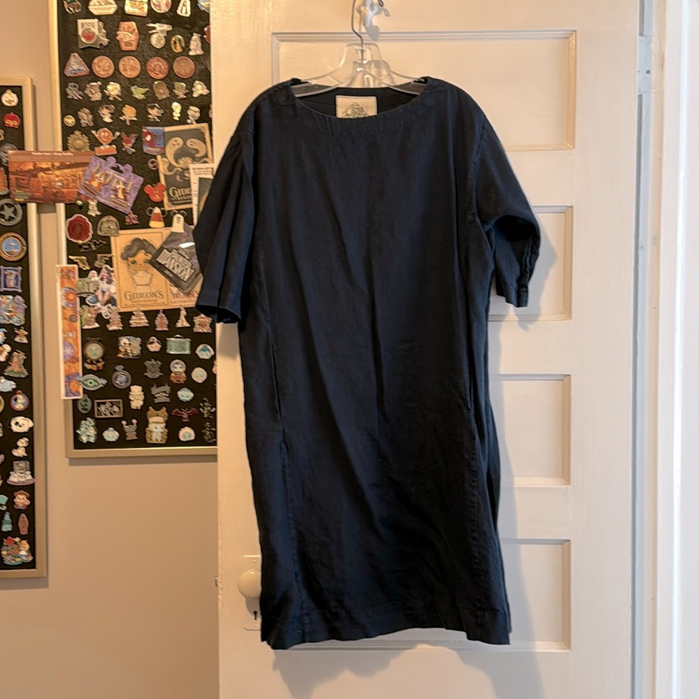 Sugar Candy Mountain Navy Shift Dress Linen 3/4 Sleeve Crew Neck navy L